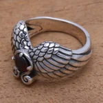 Garnet cocktail ring, 'Winged Glitter' - Wing Motif Garnet Band Ring from Bali