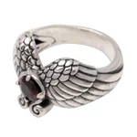 Garnet cocktail ring, 'Winged Glitter' - Wing Motif Garnet Band Ring from Bali