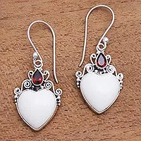 Garnet dangle earrings, 'Heart Passion' - Heart-Shaped Garnet Dangle Earrings from Bali