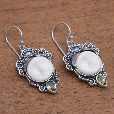 Peridot dangle earrings, 'Honest Guardians' - Peridot and Bone Dangle Earrings from Bali