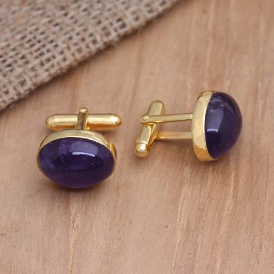 Vergoldete Manschettenknöpfe mit Amethyst - Vergoldete ovale Amethyst-Manschettenknöpfe aus Bali