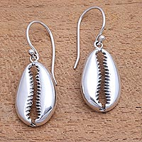 Sterling Silver Cowry Shell Dangle Earrings from Bali,'Cowry Shell'