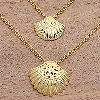 Gold plated sterling silver pendant necklace, 'Gleaming Clam Shells' - Gold Plated Sterling Silver Clam Shell Pendant Necklace