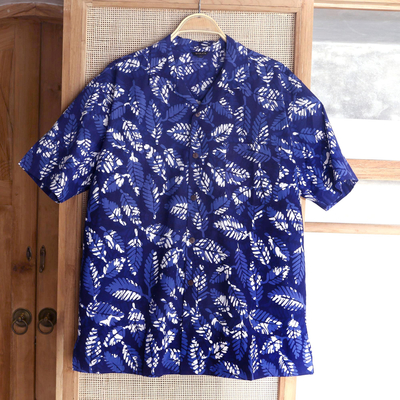 Men's Short-Sleeved Blue Cotton Batik Shirt from Bali - Blue Leaf ...