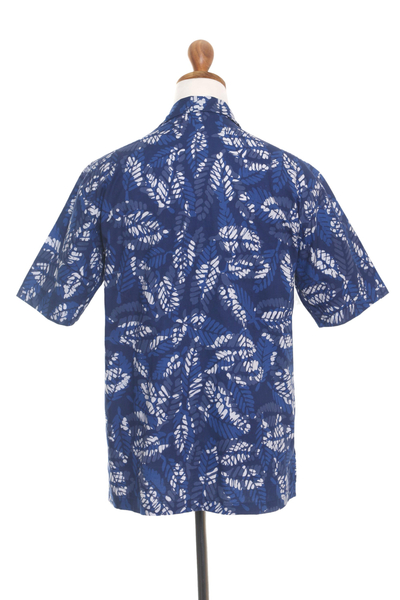 Baumwollhemd für Herren - Kurzärmliges blaues Batikhemd für Herren aus Baumwolle aus Bali