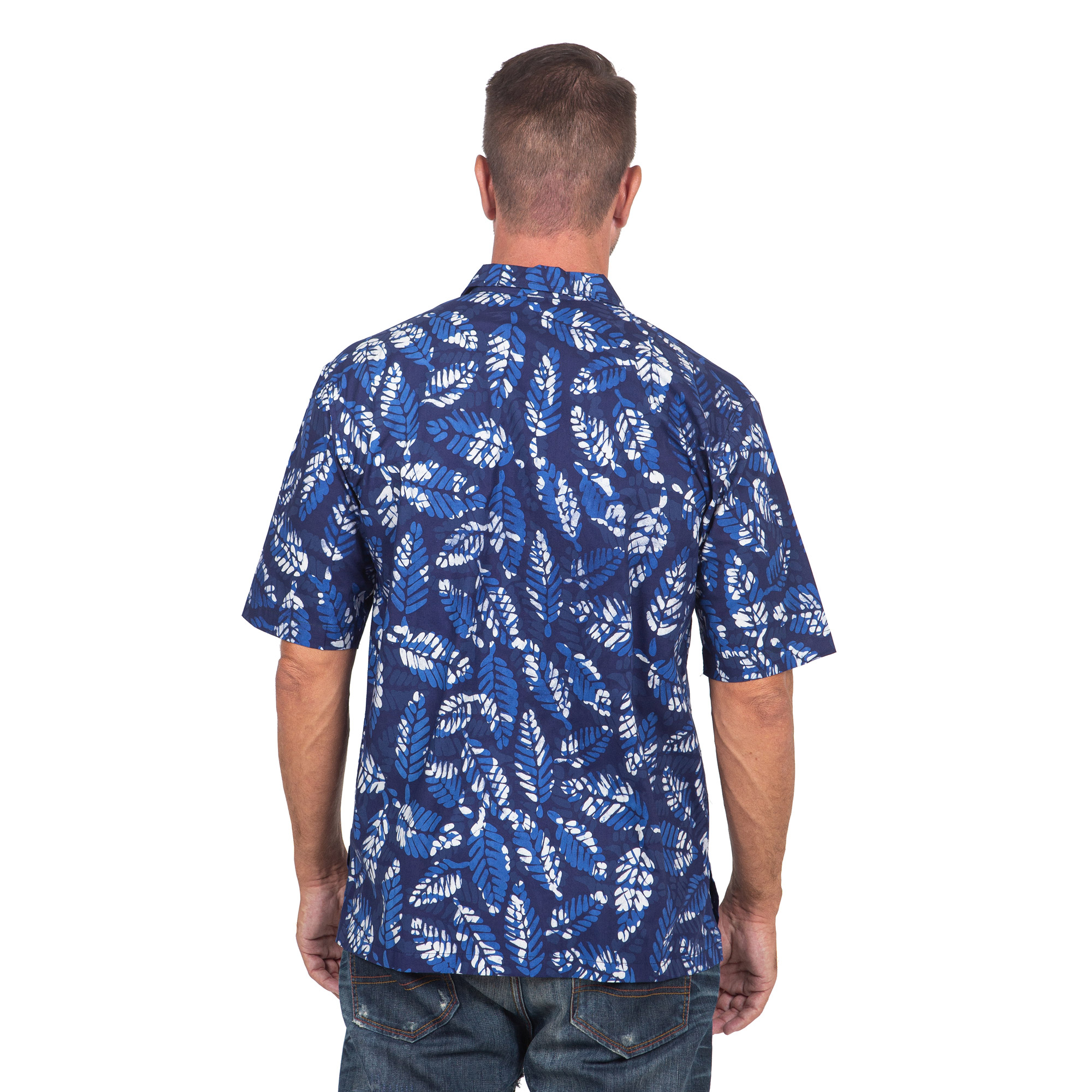 Men's Short-Sleeved Blue Cotton Batik Shirt from Bali - Blue Leaf ...