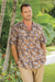 Men's cotton shirt, 'Brown Leaf Shadows' - Men's Short-Sleeved Brown Cotton Batik Shirt from Bali thumbail