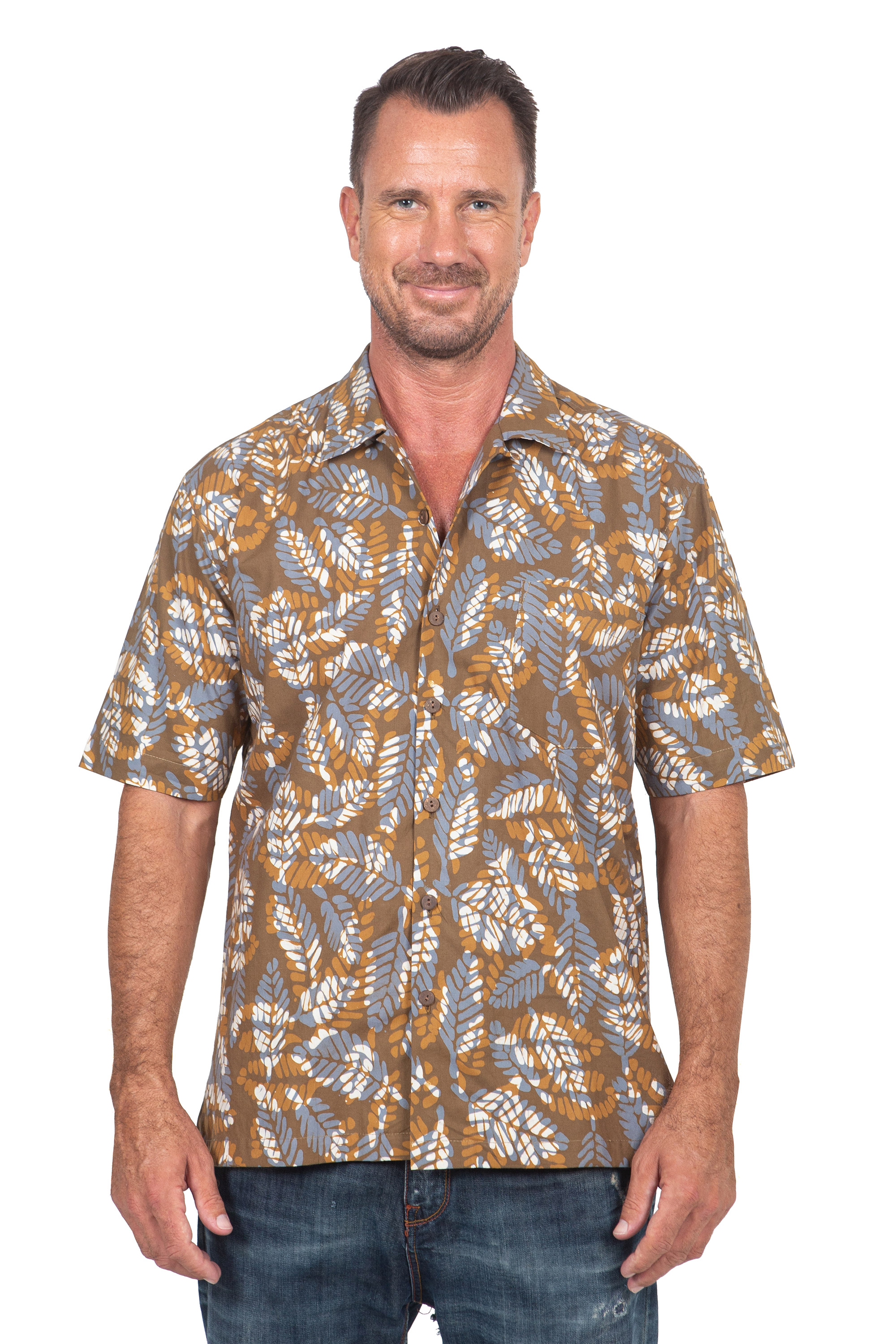 Men's Short-Sleeved Brown Cotton Batik Shirt from Bali - Brown Leaf ...