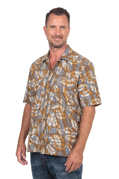 Men's cotton shirt, 'Brown Leaf Shadows' - Men's Short Sleeved Brown Cotton Batik Shirt from Bali