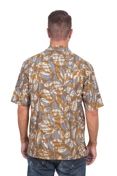 Men's cotton shirt, 'Brown Leaf Shadows' - Men's Short-Sleeved Brown Cotton Batik Shirt from Bali