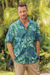 Men's cotton shirt, 'Green Leaf Shadows' - Men's Short Sleeved Green Cotton Batik Shirt from Bali thumbail