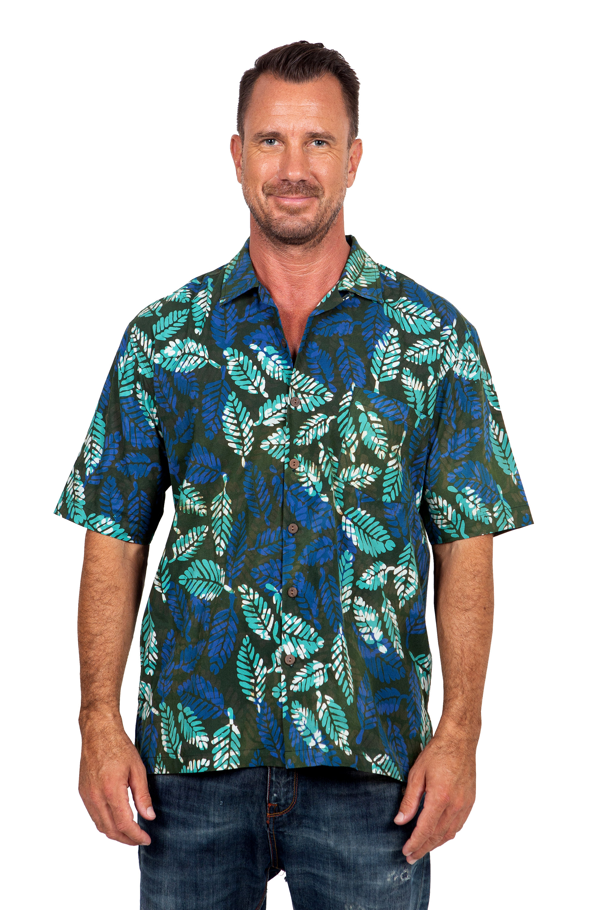 Men's Short-Sleeved Green Cotton Batik Shirt from Bali - Green Leaf ...