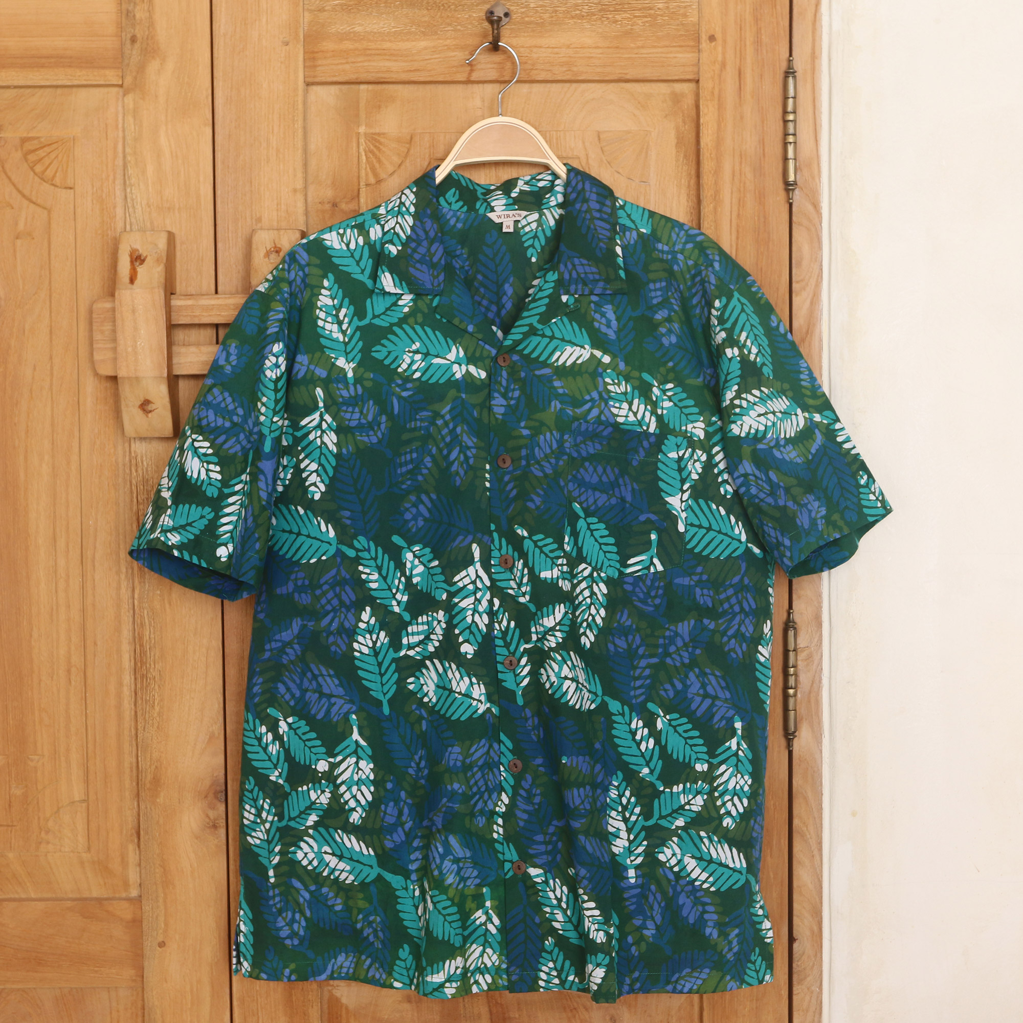 Men's Short-Sleeved Green Cotton Batik Shirt from Bali - Green Leaf ...