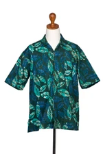 Men's cotton shirt, 'Green Leaf Shadows' - Men's Short-Sleeved Green Cotton Batik Shirt from Bali
