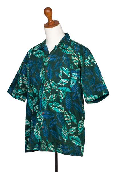 Men's cotton shirt, 'Green Leaf Shadows' - Men's Short-Sleeved Green Cotton Batik Shirt from Bali