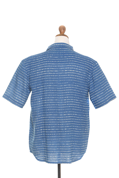 Men's batik linen and cotton blend shirt, 'Indigo Stripes' - Men's Batik Linen and Cotton Blend Shirt in French Blue