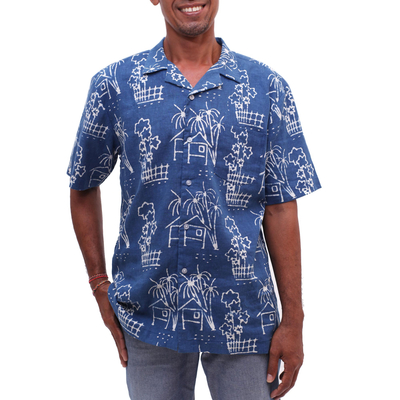 Camisa batik de mezcla de lino y algodón para hombre - Camisa Batik de mezcla de lino y algodón para hombre de Java
