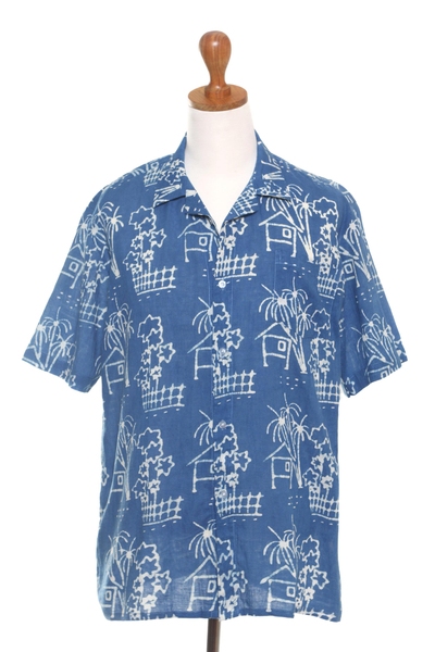 Men's batik linen and cotton blend shirt, 'Village Huts' - Men's Batik Linen and Cotton Blend Shirt from Java