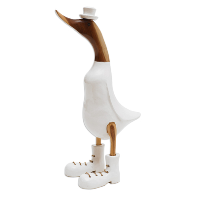 Bamboo root and wood sculpture, 'White Dapper Duck' - Bamboo Root and Wood Duck Sculpture in White from Bali