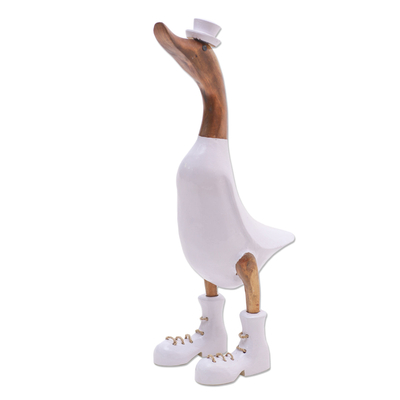 Bamboo root and wood sculpture, 'White Dapper Duck' - Bamboo Root and Wood Duck Sculpture in White from Bali