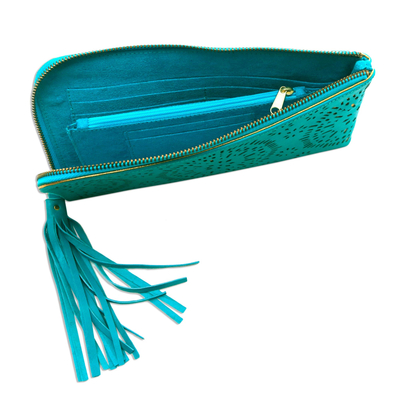 Leather clutch, 'Borobudur Stars in Turquoise' - Circle Pattern Leather Clutch in Tosca from Bali