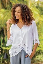 Rayon blouse, 'White Blossom' - Floral Embroidered White Rayon Blouse from Bali