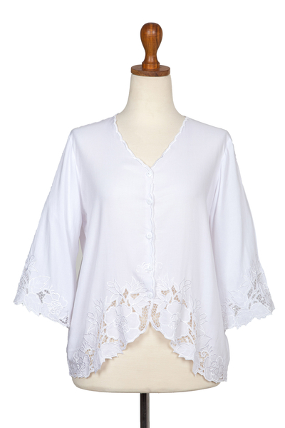 Blusa de rayón, 'White Blossom' - Blusa de rayón blanca con bordado floral de Bali