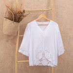 Rayon blouse, 'White Blossom' - Floral Embroidered White Rayon Blouse from Bali