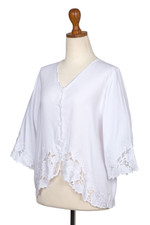 Rayon blouse, 'White Blossom' - Floral Embroidered White Rayon Blouse from Bali