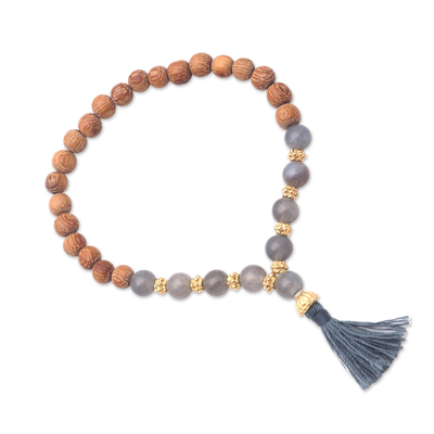 Gold accented labradorite and wood beaded stretch bracelet, 'Batuan Harmony' - Gold Accented Labradorite and Wood Beaded Stretch Bracelet