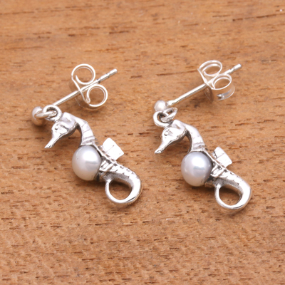 Aretes colgantes de perlas cultivadas - Pendientes de caballito de mar de plata de ley de Bali con perlas blancas