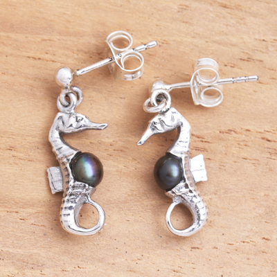 Aretes colgantes de perlas cultivadas - Pendientes de caballito de mar de plata de ley de Bali con perlas oscuras
