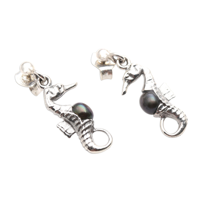 Ohrhänger aus Zuchtperlen - Bali Sterling Silber Seepferdchen Ohrringe mit dunklen Perlen