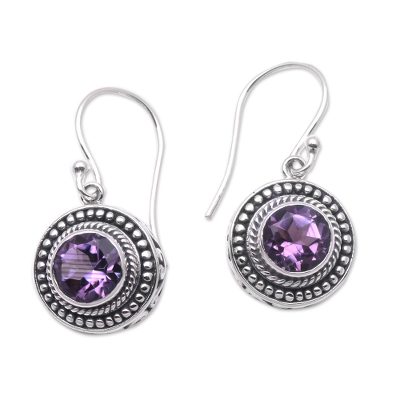 Amethyst dangle earrings, 'Loving Gaze' - Artisan Crafted Balinese Amethyst and Silver Earrings