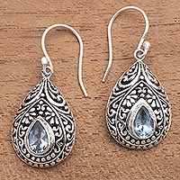 Blue topaz dangle earrings, 'Balinese Dewdrop' - Artisan Crafted Balinese Blue Topaz and Silver Earrings