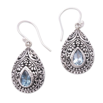 Blue topaz dangle earrings, 'Balinese Dewdrop' - Artisan Crafted Balinese Blue Topaz and Silver Earrings