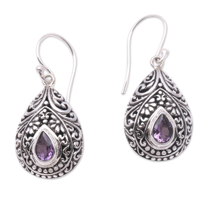 Amethyst dangle earrings, 'Balinese Dewdrop' - Artisan Crafted Balinese Amethyst and Silver Earrings
