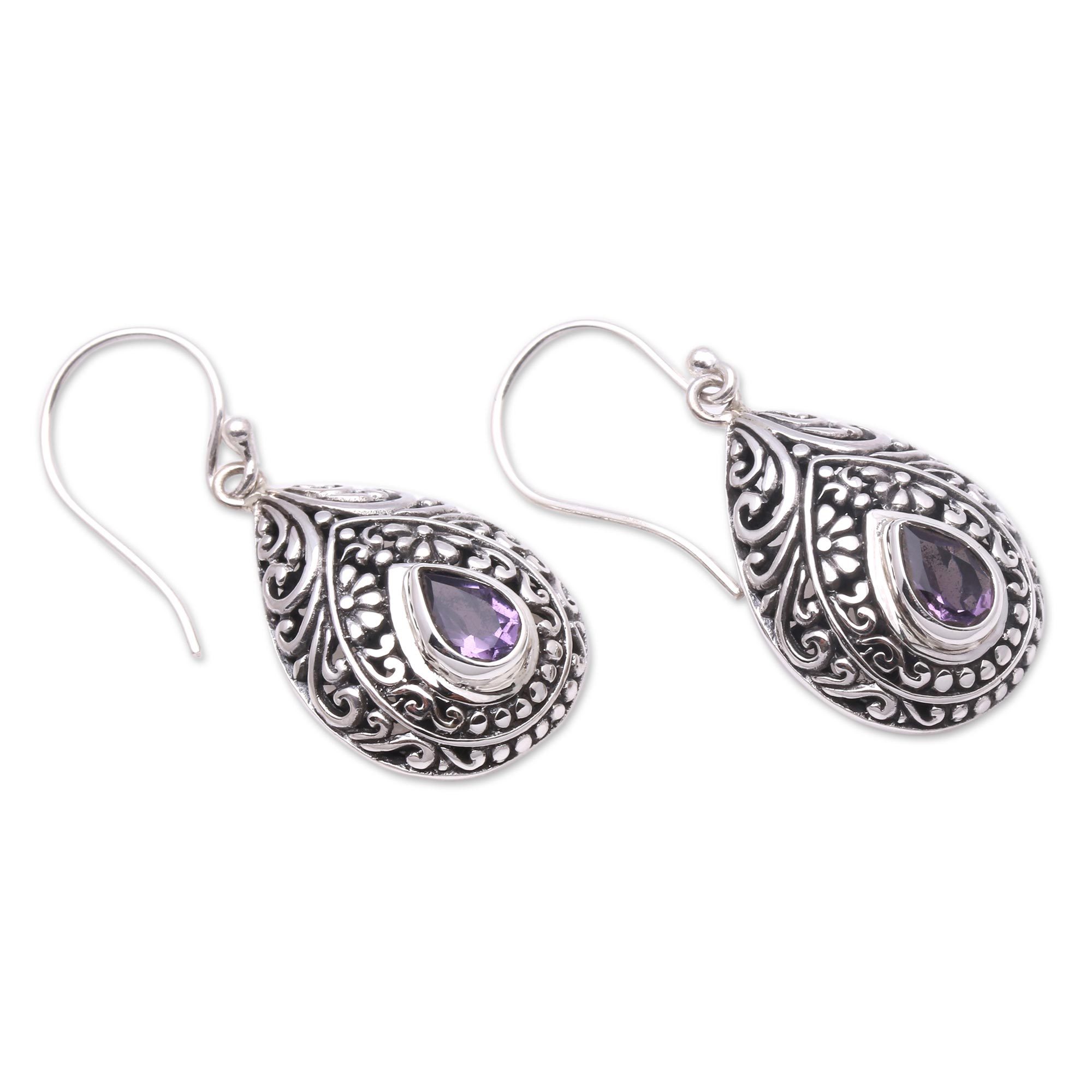 Artisan Crafted Balinese Amethyst and Silver Earrings Balinese