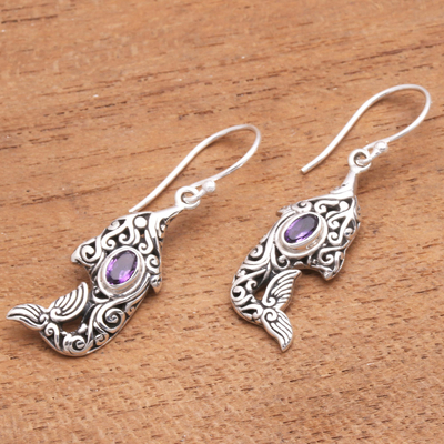 Amethyst dangle earrings, 'Purple Dolphin' - Amethyst and Sterling Silver Balinese Dolphin Earrings