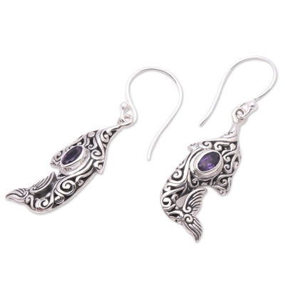 Amethyst dangle earrings, 'Purple Dolphin' - Amethyst and Sterling Silver Balinese Dolphin Earrings