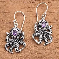 Amethyst dangle earrings, 'Lovely Tentacles' - Octopus-Themed Amethyst Dangle Earrings from Bali