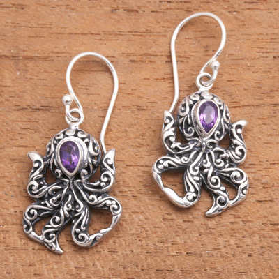 Amethyst dangle earrings, 'Lovely Tentacles' - Octopus-Themed Amethyst Dangle Earrings from Bali