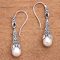 Cultured pearl dangle earrings, 'Moonlight Spire' - White Cultured Pearl and Sterling Silver Balinese Earrings