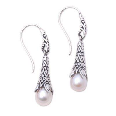 Cultured pearl dangle earrings, 'Moonlight Spire' - White Cultured Pearl and Sterling Silver Balinese Earrings