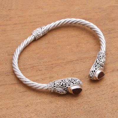 Garnet cuff bracelet, 'Vine Inspiration' - Vine Pattern Garnet Cuff Bracelet from Bali