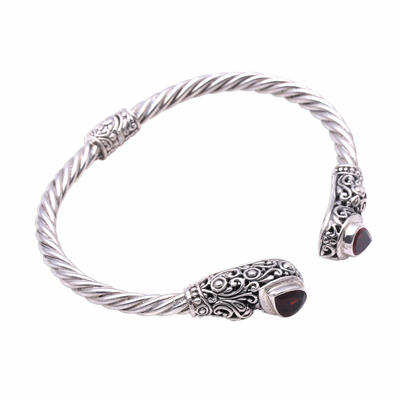 Garnet cuff bracelet, 'Vine Inspiration' - Vine Pattern Garnet Cuff Bracelet from Bali