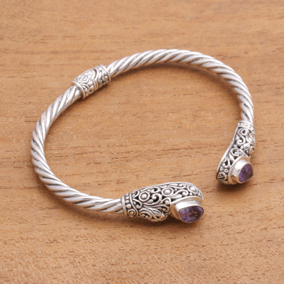 Amethyst cuff bracelet, 'Vine Inspiration' - Vine Pattern Amethyst Cuff Bracelet from Bali