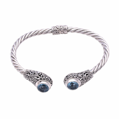 Blue topaz cuff bracelet, 'Royal Pattern' - Spiral Pattern Blue Topaz Cuff Bracelet from Bali
