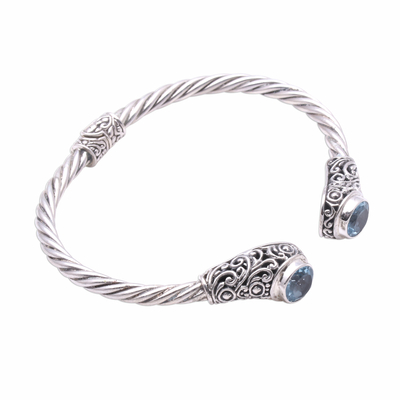 Blue topaz cuff bracelet, 'Royal Pattern' - Spiral Pattern Blue Topaz Cuff Bracelet from Bali