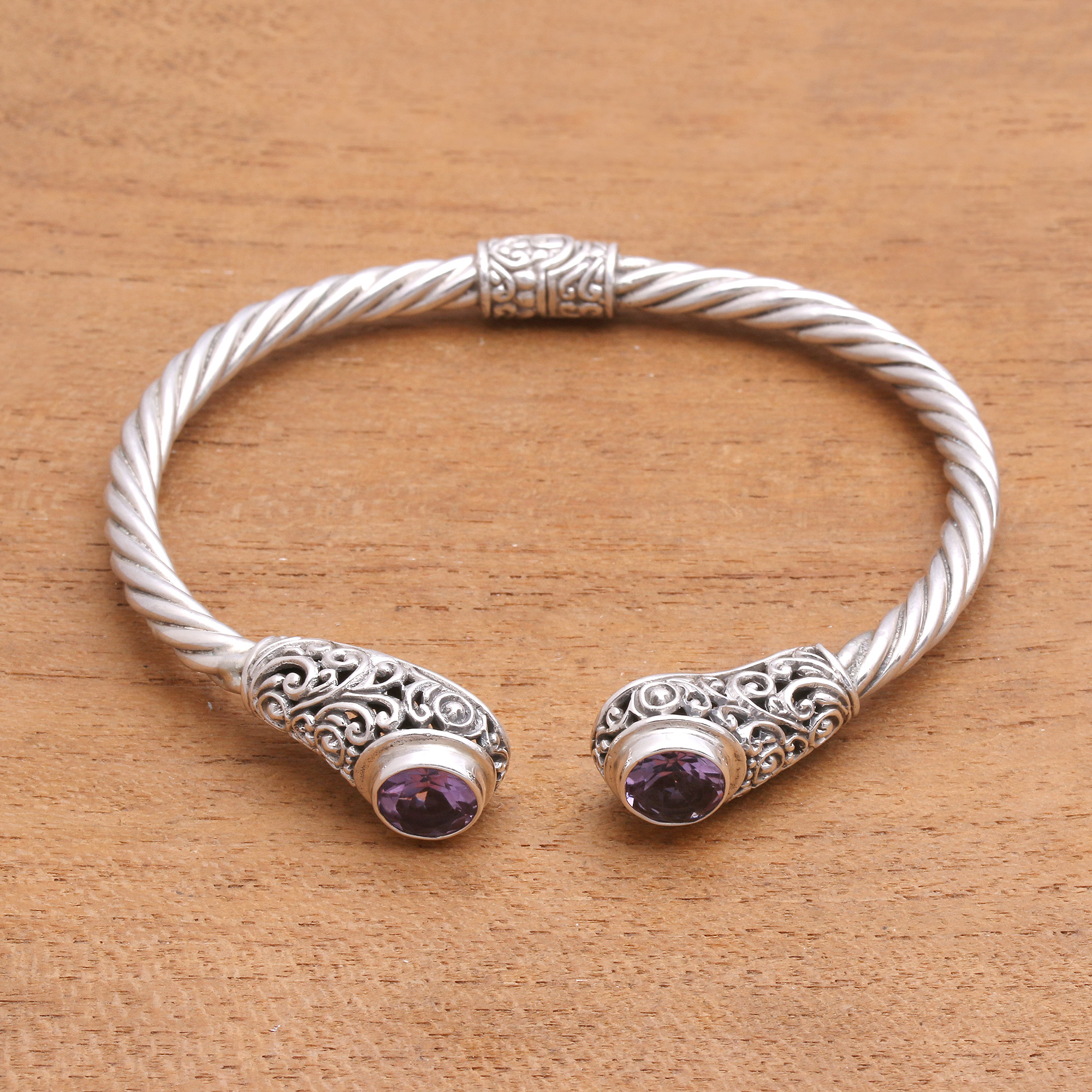 Spiral Pattern Amethyst Cuff Bracelet from Bali - Royal Pattern